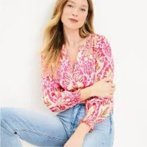 NWT New LOFT Paisley Smocked Cuff V-Neck Cotton Blend Blouse Size XS